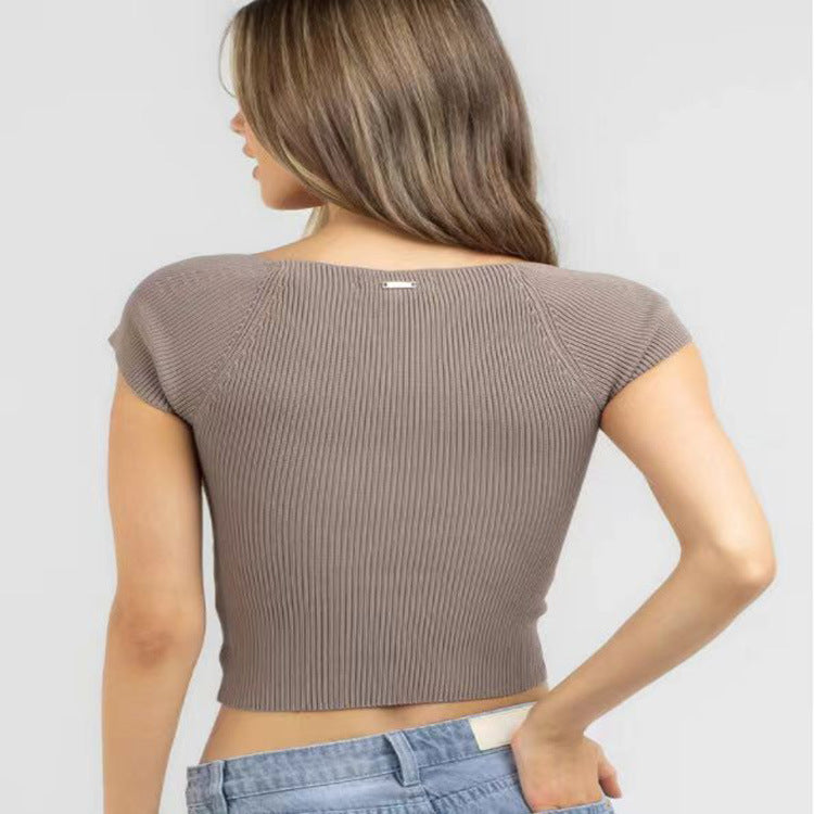 T-shirt en tricot kinky pour femmes, tricot serré et exposé