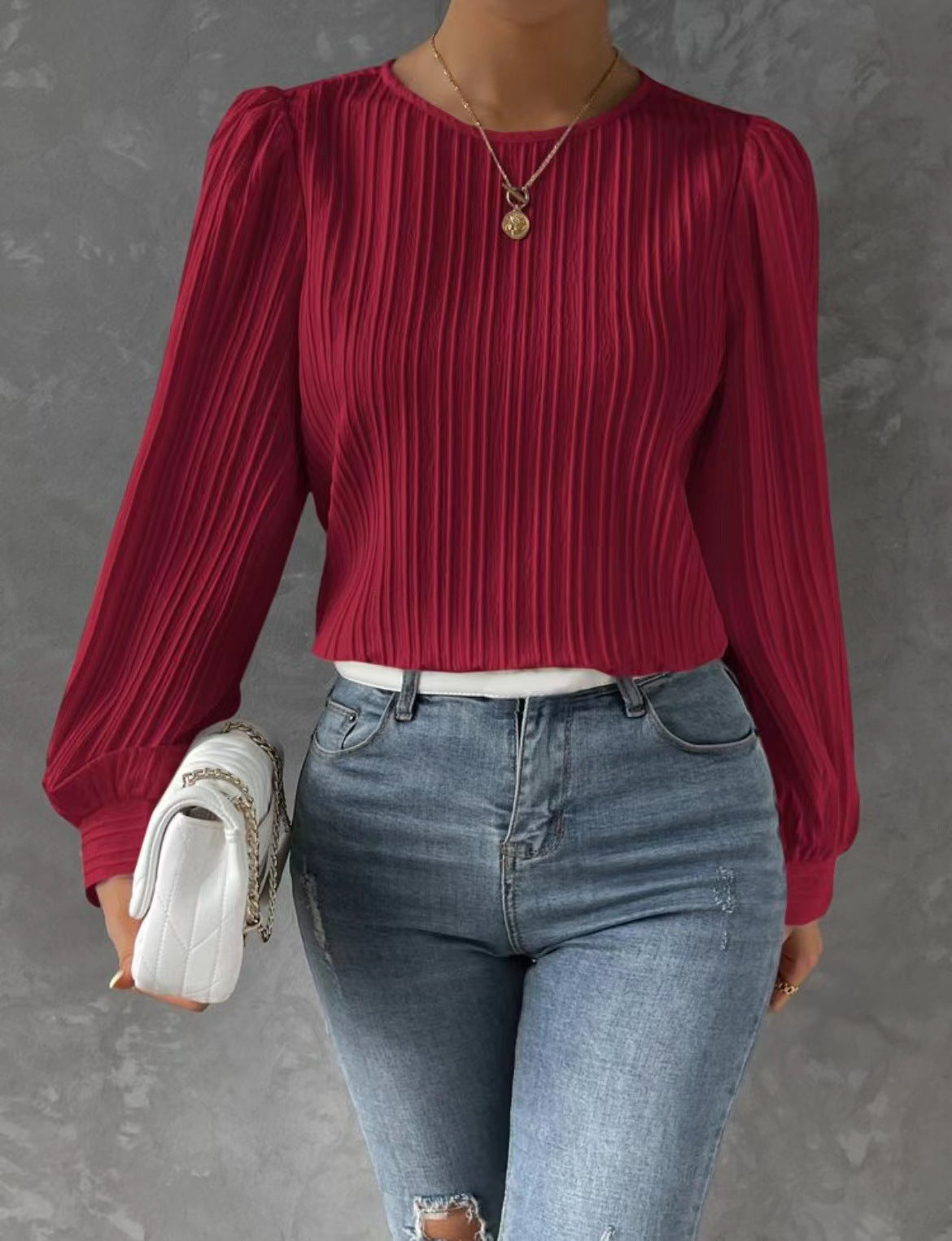 Round Neck Lantern Sleeve Long Solid Blouses