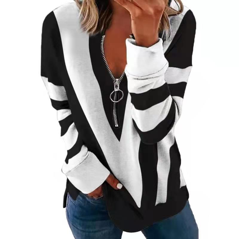 Women's V-neck Zipper Personalized Printed Long-sleeved Blouses