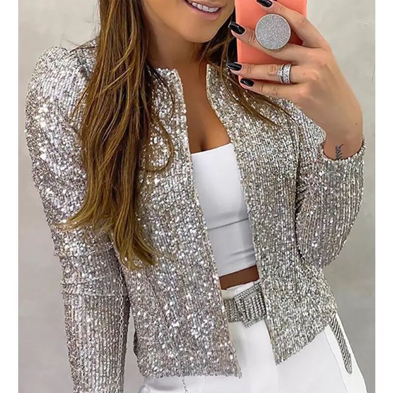 Women's Spring Fashion Collar Color Sequins Casual Coats