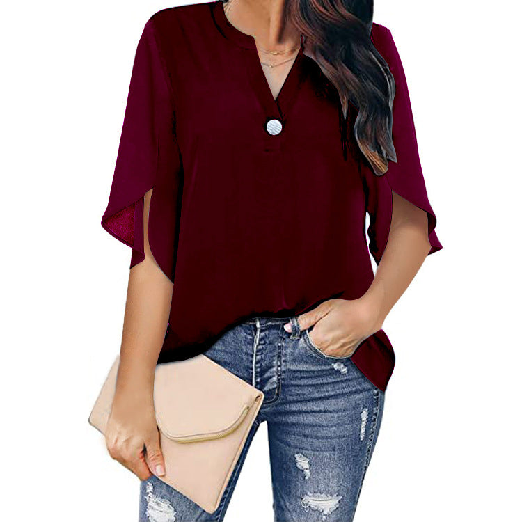 Women's Sleeve Elegant Casual Solid Color V-neck Blouses