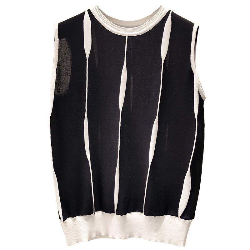 Women's Contrast Color Striped Ice Silk Outer Wear Sleeveless For Knitwear