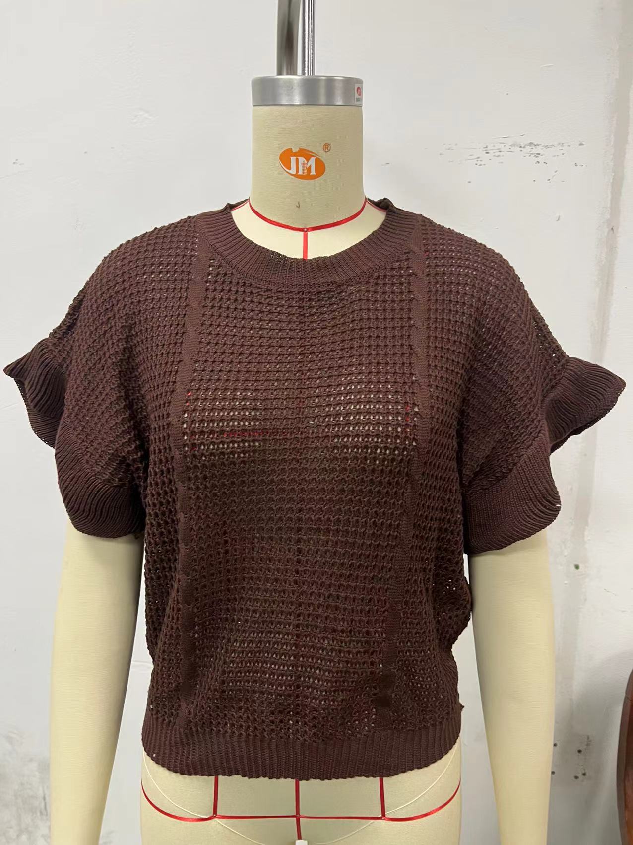 Damen Strickpullover mit Rundhalsausschnitt, Rüschenärmeln und String