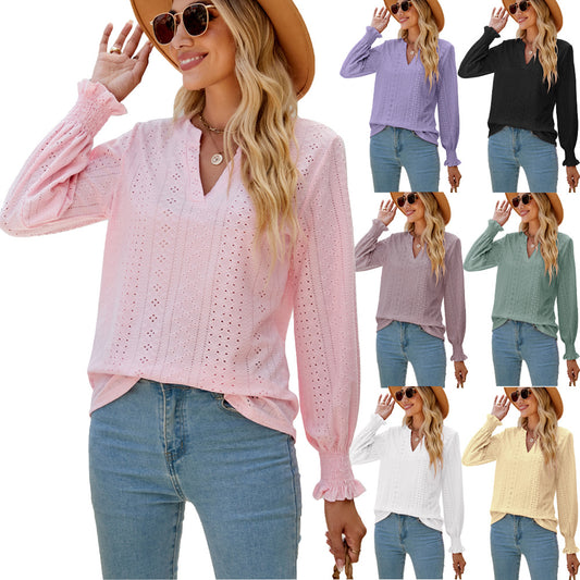 Color Hollow-out Pleated Ruffle Sleeve V-neck Loose Blouses