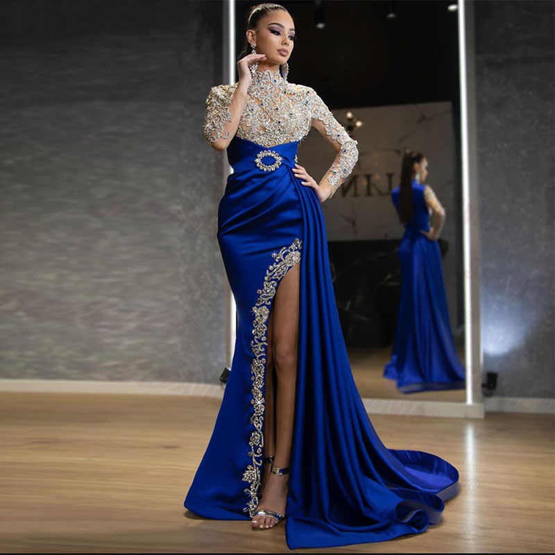 Women's Blue Gold Round Neck Dress Sexy Dresses