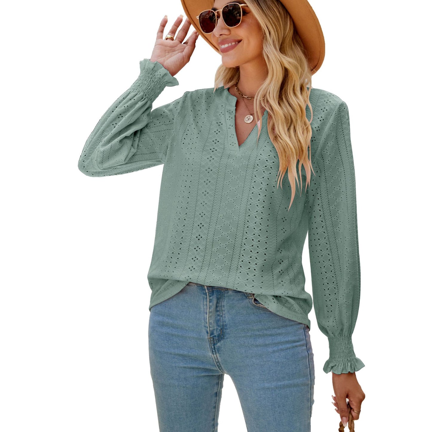 Color Hollow-out Pleated Ruffle Sleeve V-neck Loose Blouses