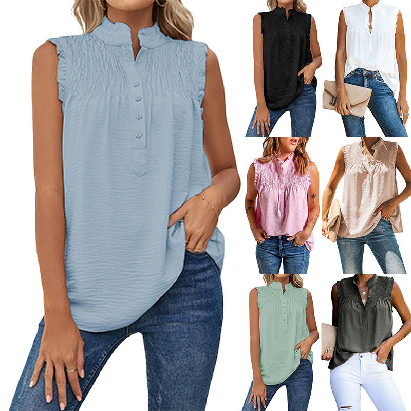 Sleeveless Turtleneck Buttons Frill Loose Casual Tops