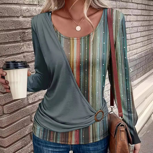 Women's Round Neck Solid Color Stitching Printing Casual Blouses