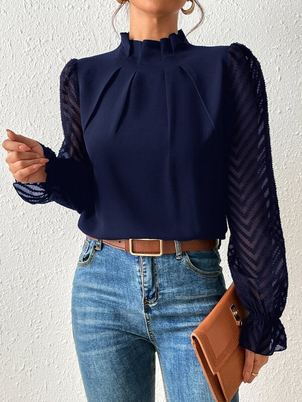 Women's Beautiful Stitching Wavy Chiffon Long-sleeved Tops