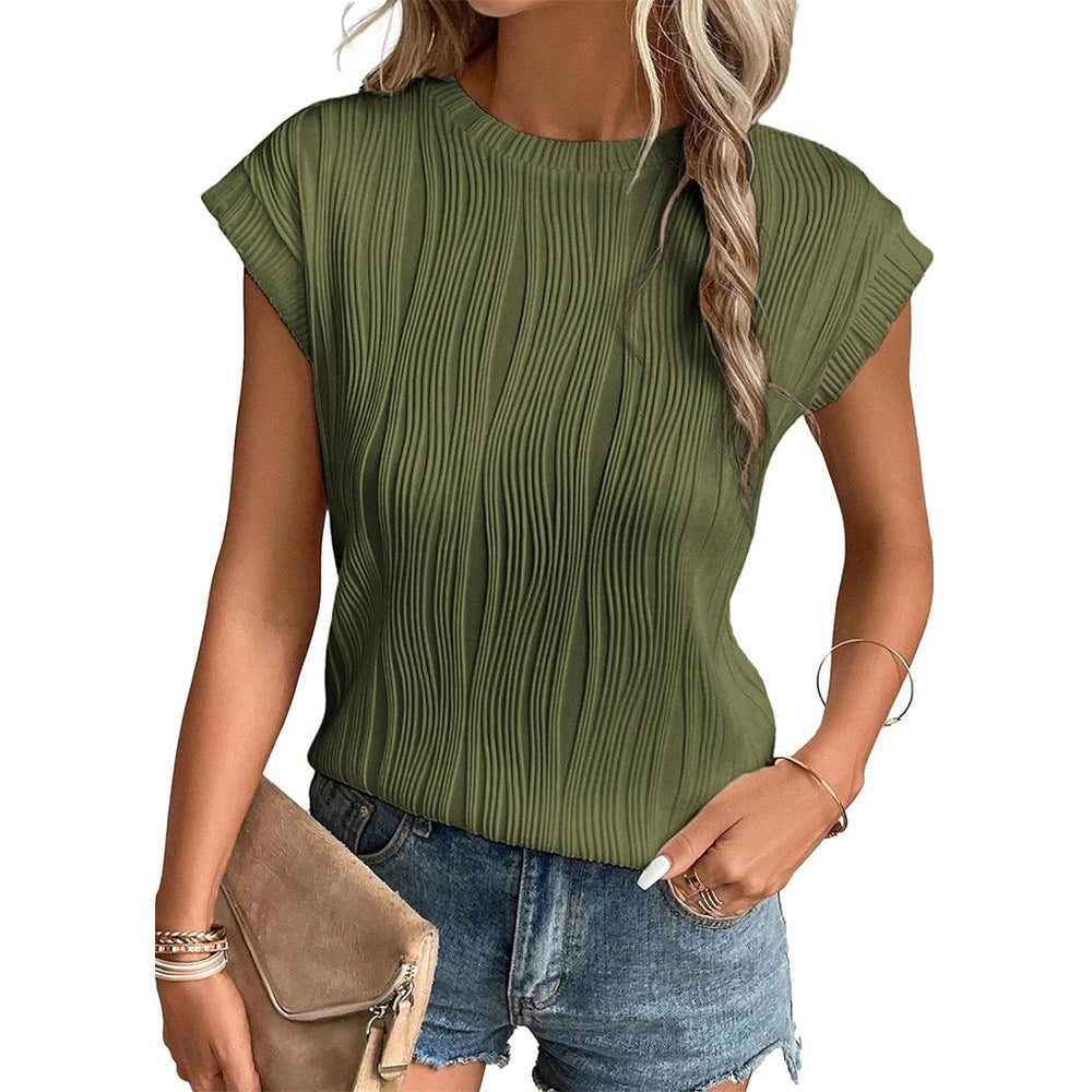 Women's Round Neck Short-sleeved Textured T-shirt Blouses