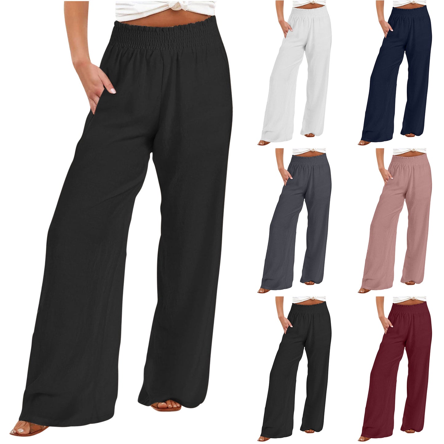 Beau pantalon élastique en lin pour femmes, pantalon décontracté