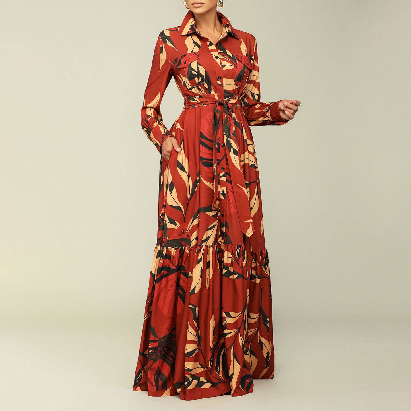 Women's Lapel Strap Fashion Printing Long Sleeve Dresses