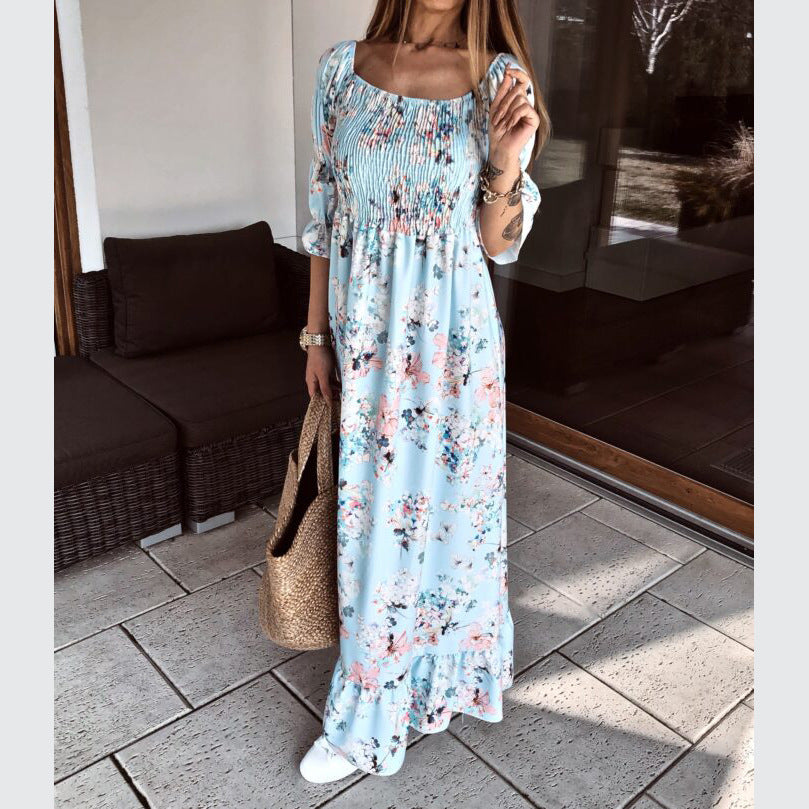 Women's Retro Printed Long Sleeve Dress Waist Dresses