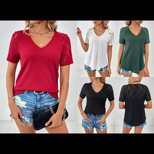 Women's Summer Hollow Lace Loose T-shirt Sleeve Blouses