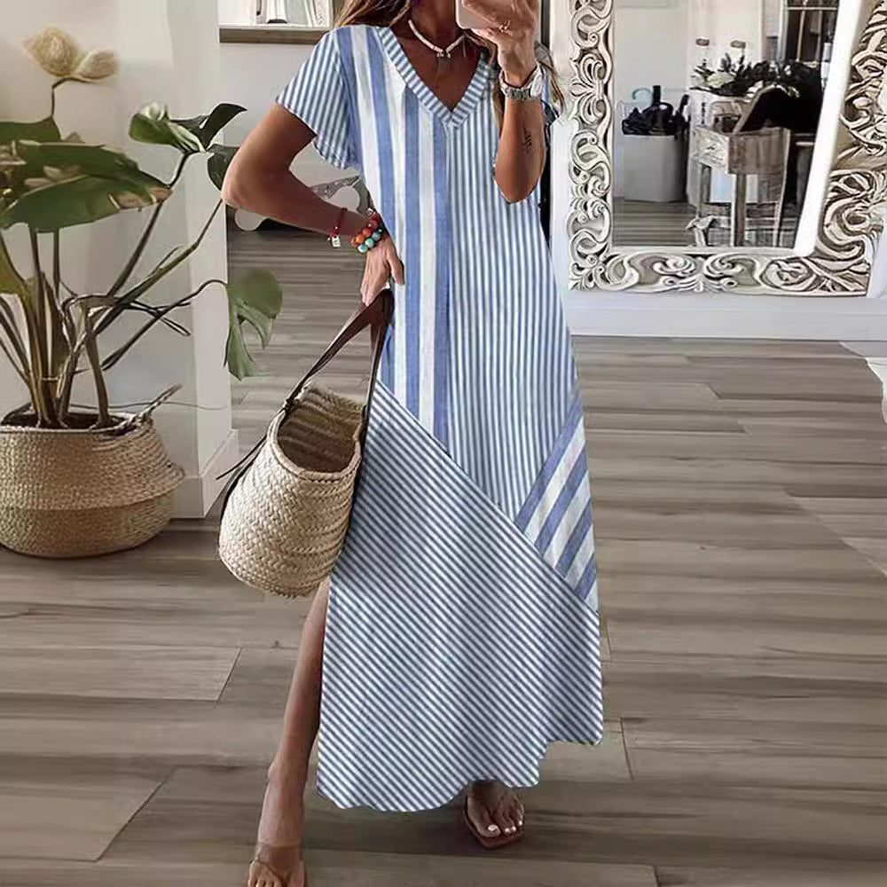 Women's Striped Positioning Printed Split Dress Dresses