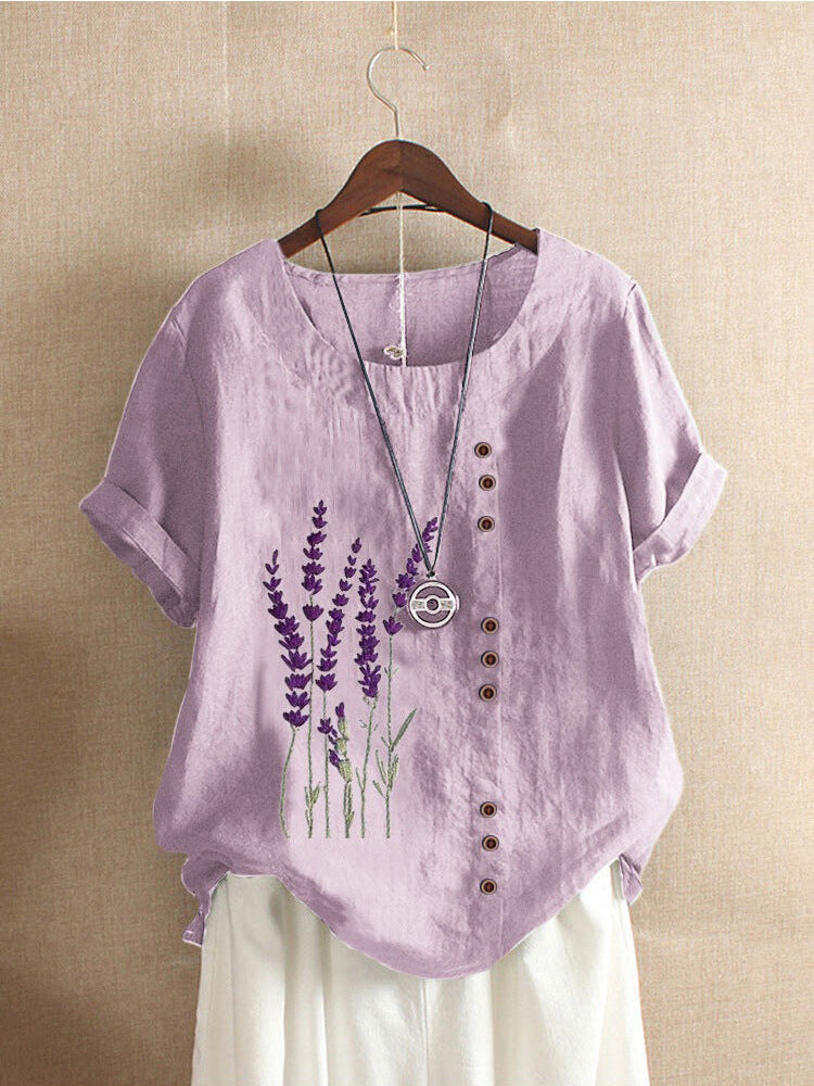 Women's Fresh Printed Round Neck Sleeve Fastener Tops