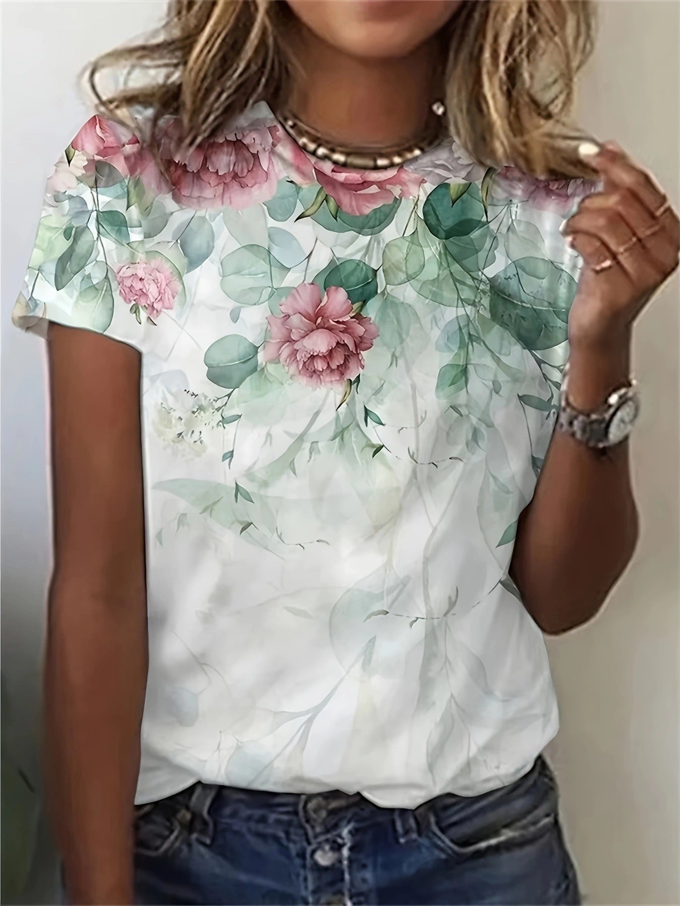 Kurzärmliges T-Shirt mit Blumen- und Pflanzendruck für den Sommer für Damen