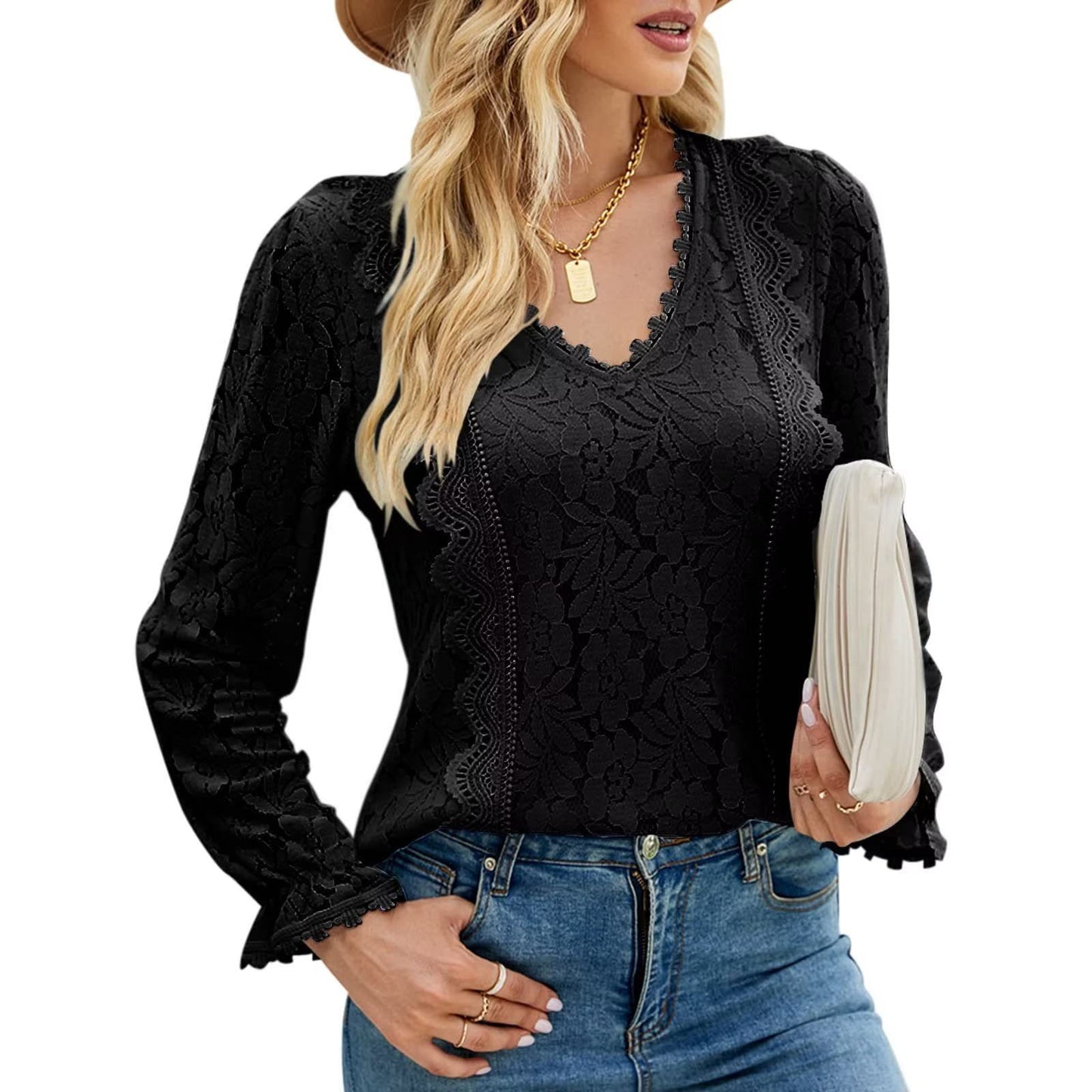 Women's Solid Color Hollow-out Sexy Long-sleeved Blouses