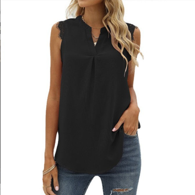 Women's Solid Color Shirt Loose Sleeveless Lace Blouses