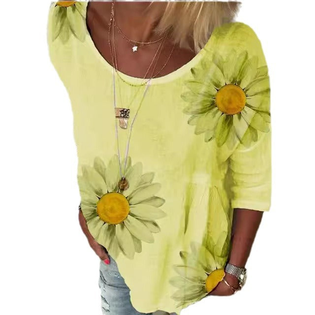 Women's Summer Chrysanthemum Printed Round Neck Sleeves Blouses