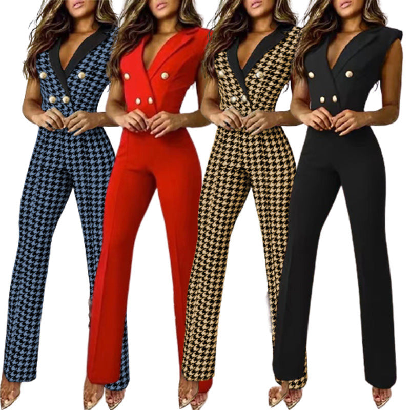 Women's Color Button V-neck Printed Long Sleeve Stitching Professional Slim Suits