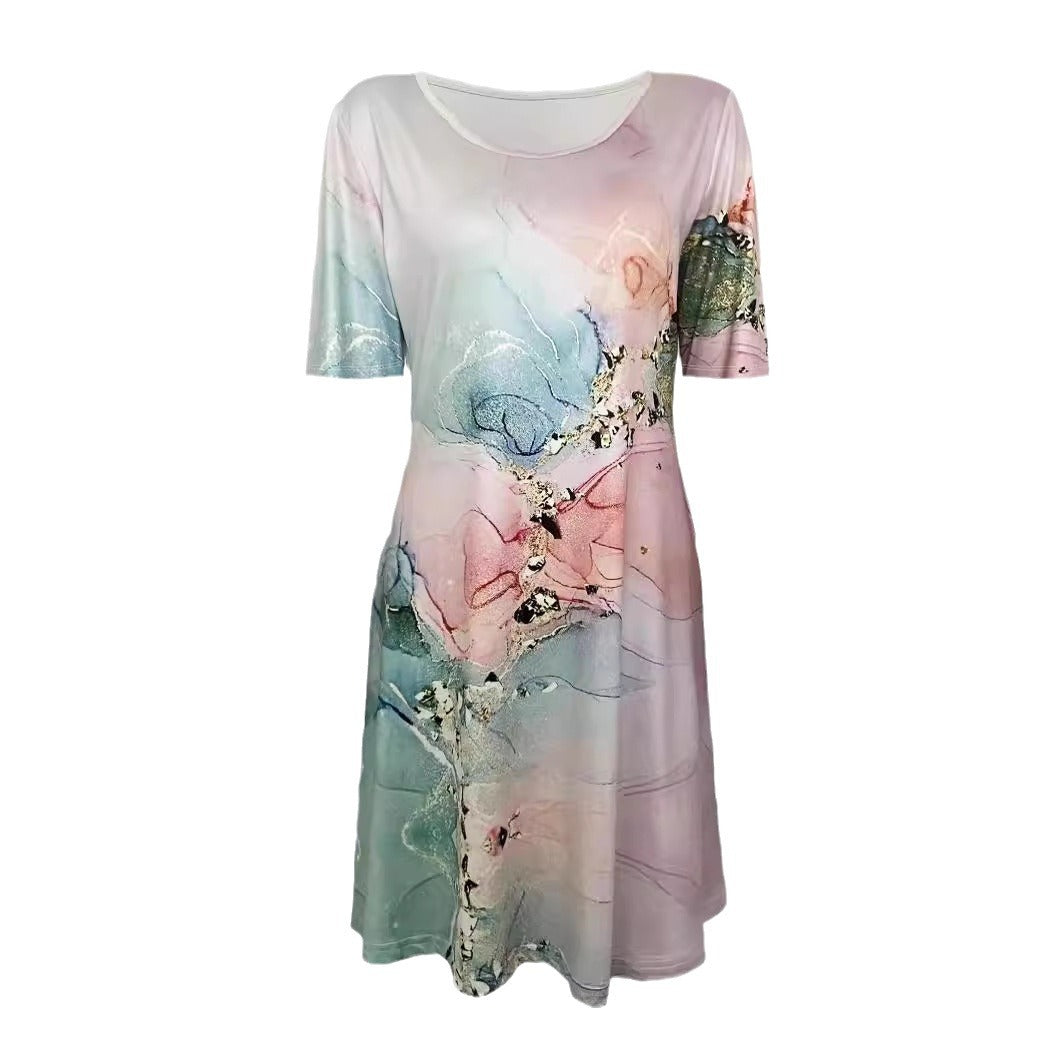 Printing Elegant Sleeve Round Neck Mid-length Dresses