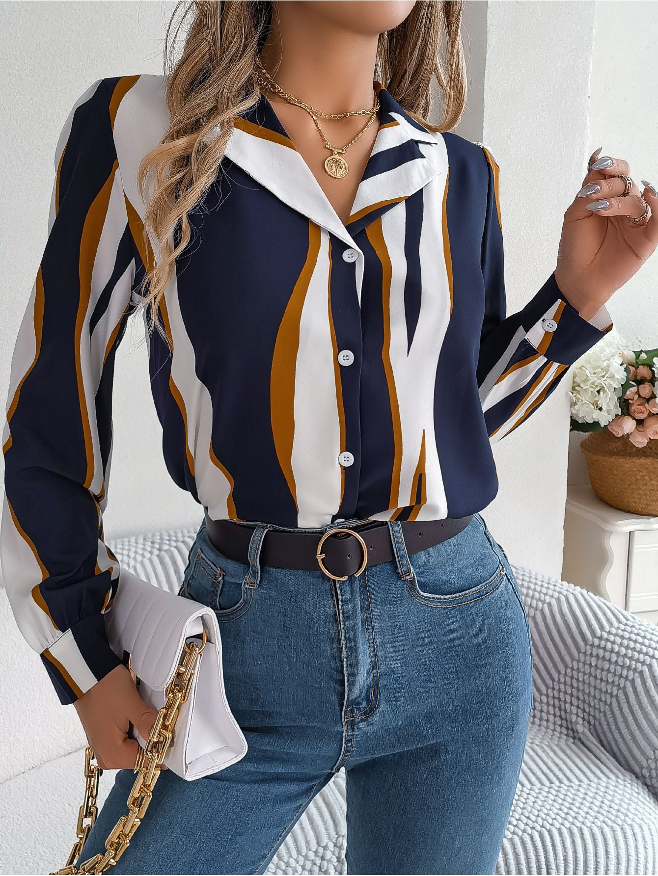 Women's Versatile Contrast Color Striped Collar Long Blouses