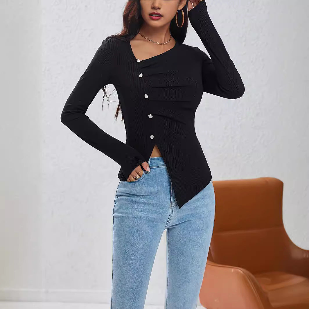 Damen Design Knopf Unregelmäßig Strick Bottoming Shirt Blusen