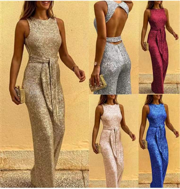 Women's Summer Round Neck Sleeveless Personalized Sequined Jumpsuits