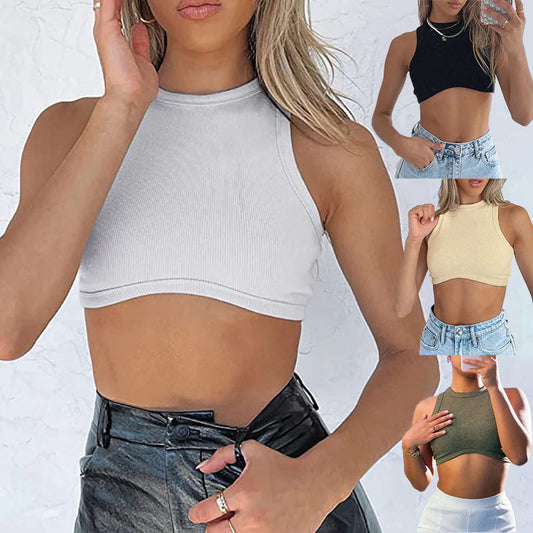 Women's Small Sunken Stripe Round Neck Midriff-baring Slim-fit Sling Vests