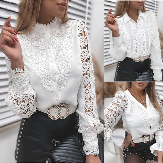 Women's Design Fashion White Lace Long Sleeve V-neck Openwork Blouses