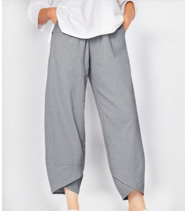 Pantalon décontracté ample en coton et lin à taille élastique pour femme