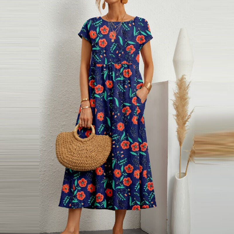 Women's Linen Sleeveless Round Neck Printed Summer Dresses