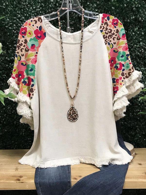 Women's Floral Ruffle Sleeve Round Neck Multicolor Blouses