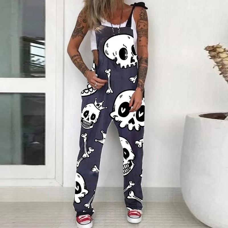 Unique Printed Skull Chrysanthemum Overalls Trousers Pants