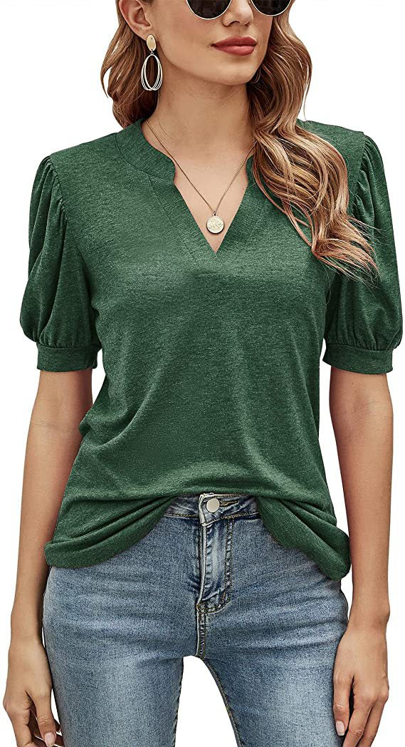 Women's Casual V-neck Solid Color Puff Sleeve Loose Tops