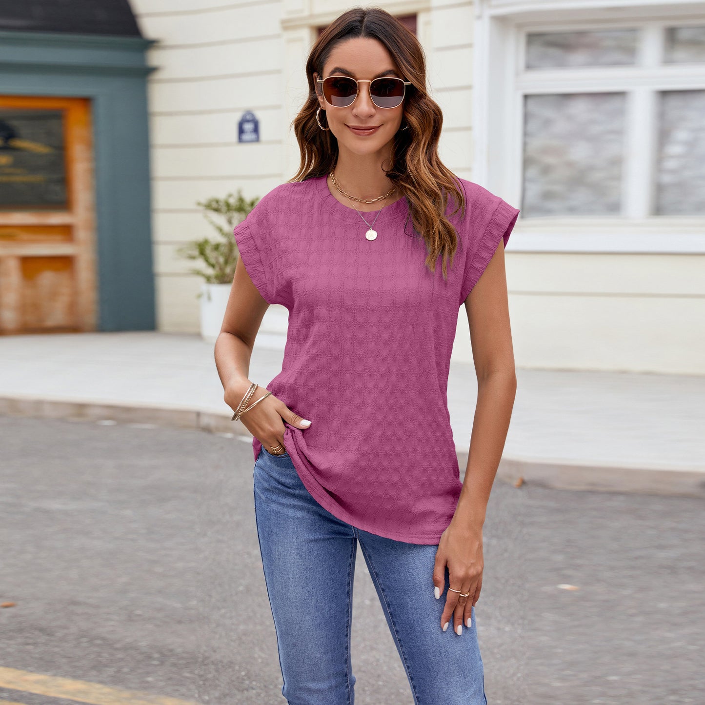 Summer Solid Color Round Neck Loose Blouses