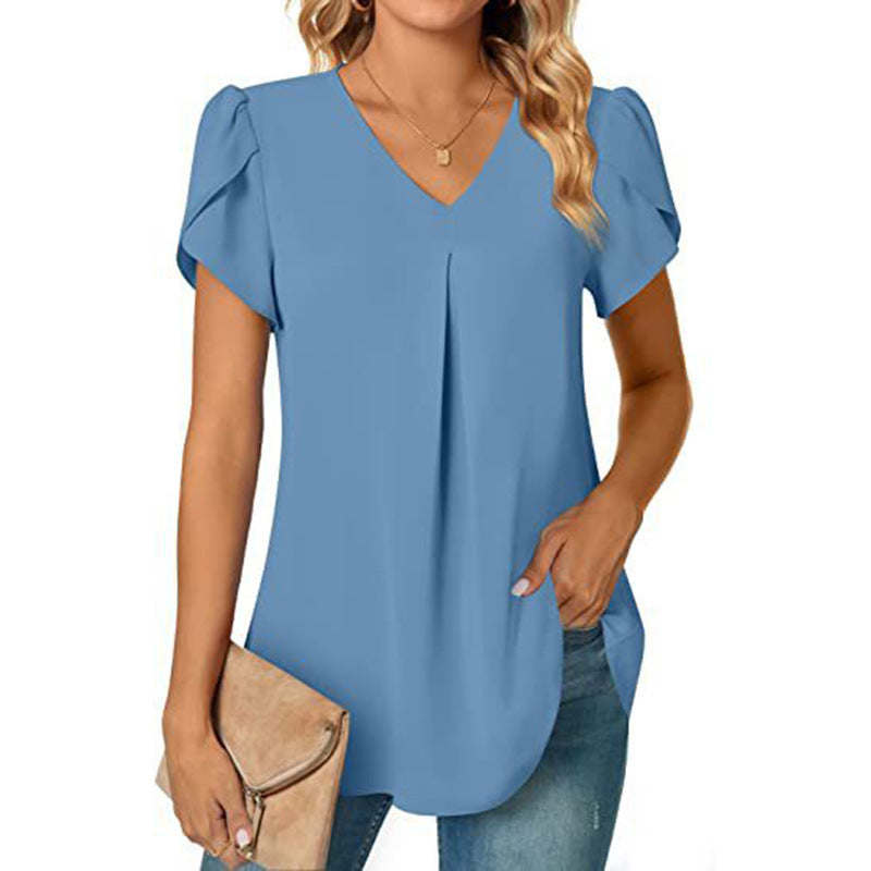 Women's Color Stitching Chiffon T-shirt Collar Sleeve Blouses