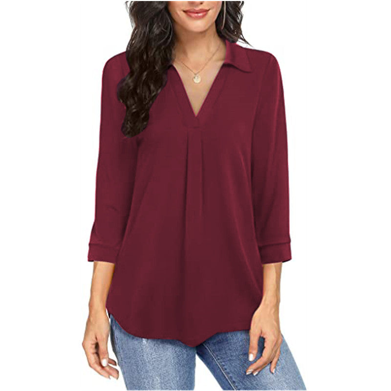 Women's Elegant Chiffon Pullover Loose V-neck 3/4 Sleeves Blouses