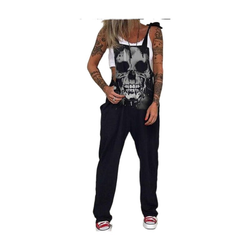 Unique Printed Skull Chrysanthemum Overalls Trousers Pants