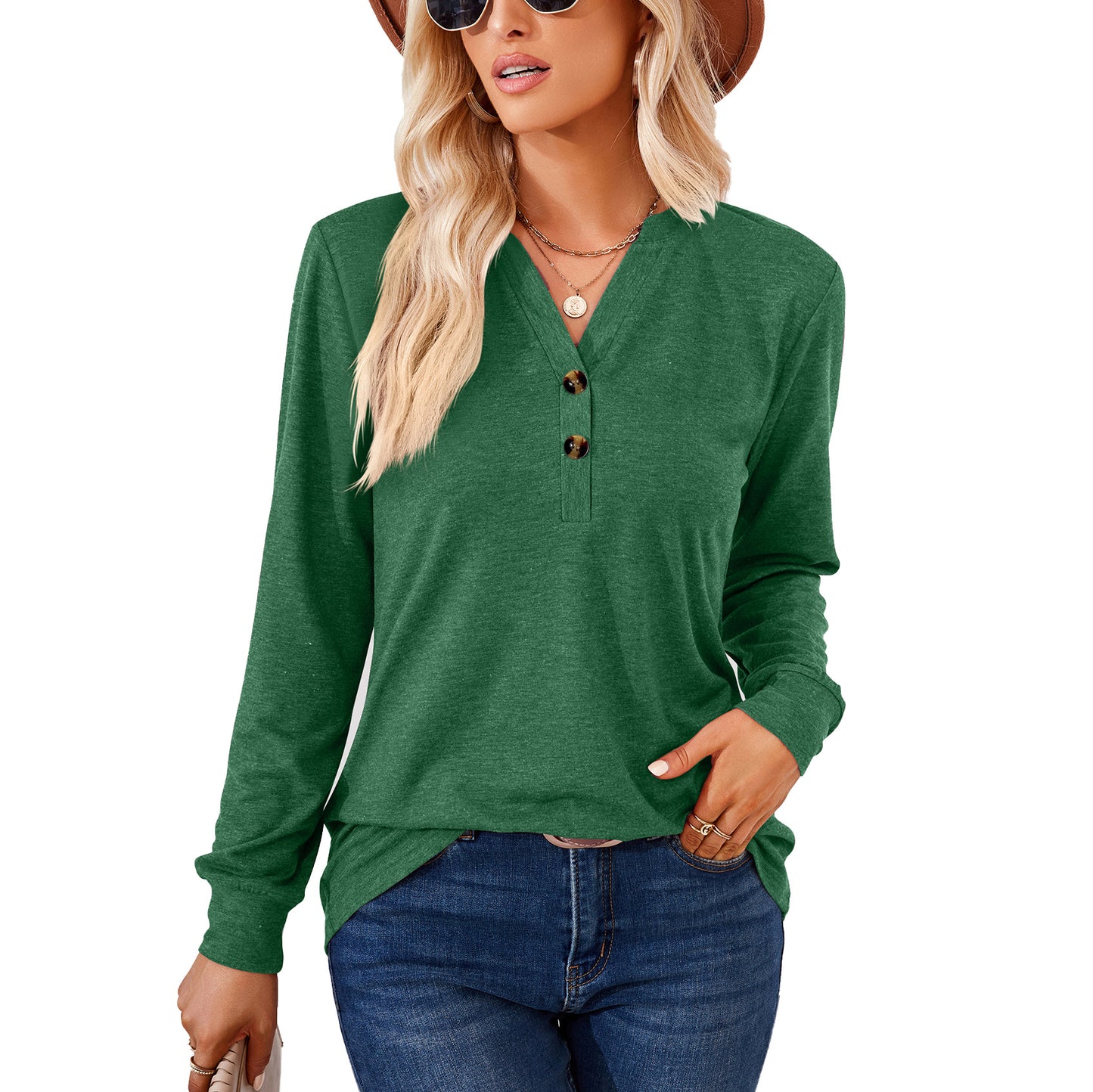 Women's Solid Color And Button Loose Long-sleeved Blouses