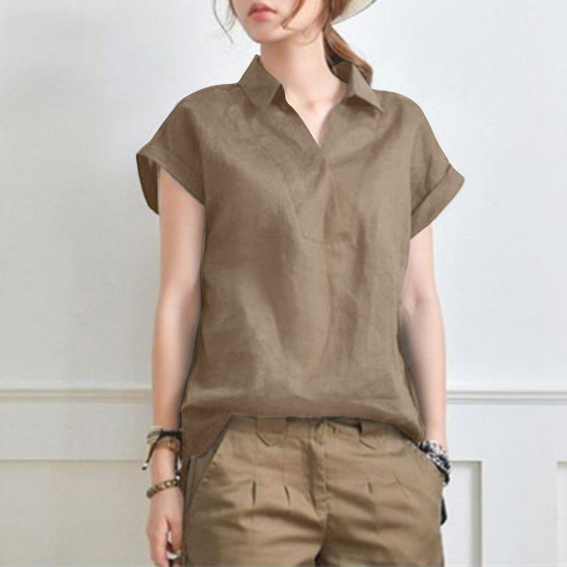 Women's Long Back Lapel Shirt Summer Linen Leisure Sleeve Shorts