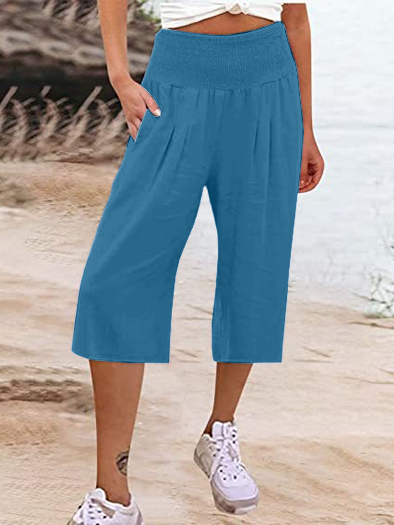 Women's Linen Cropped Waist Smocking Thin Pocket Pants