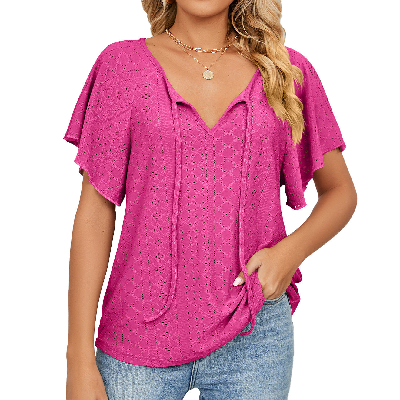 Women's Solid Color V-neck Lace-up Sleeve Loose Blouses