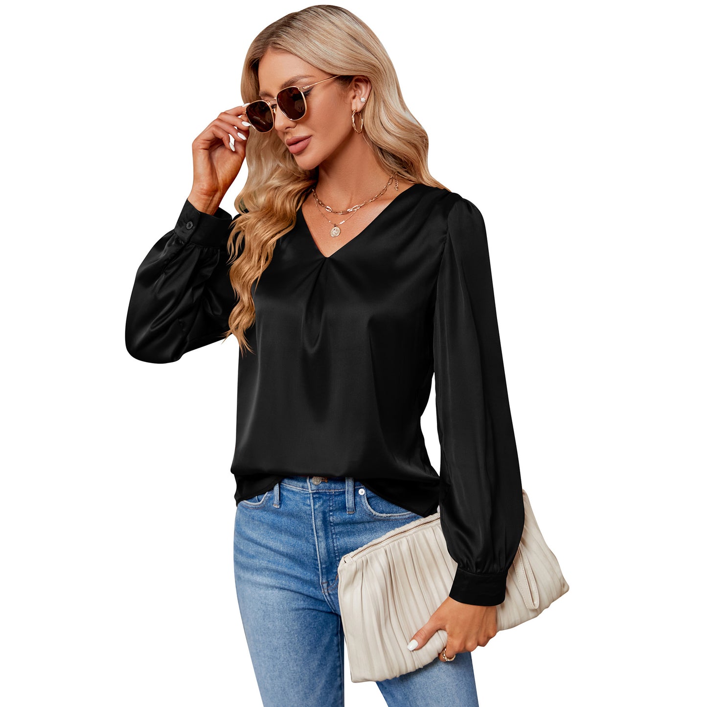 Women's Creative Satin Pleated Long-sleeved Shirt Blouses