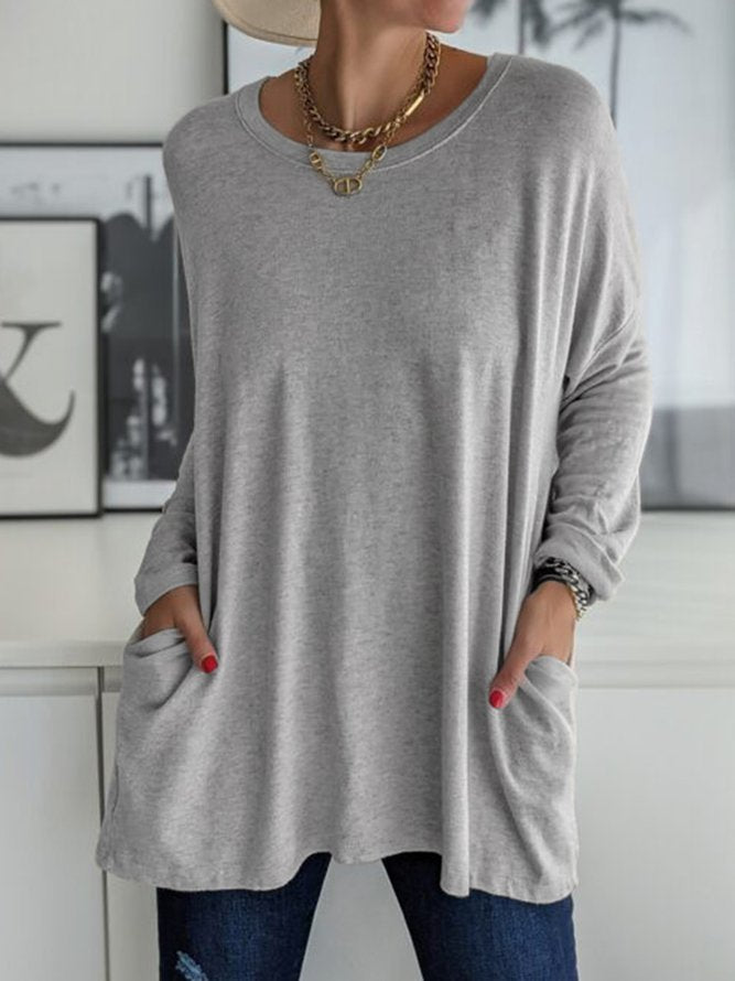 Women's Neck Long Sleeve Loose Pockets Solid Blouses