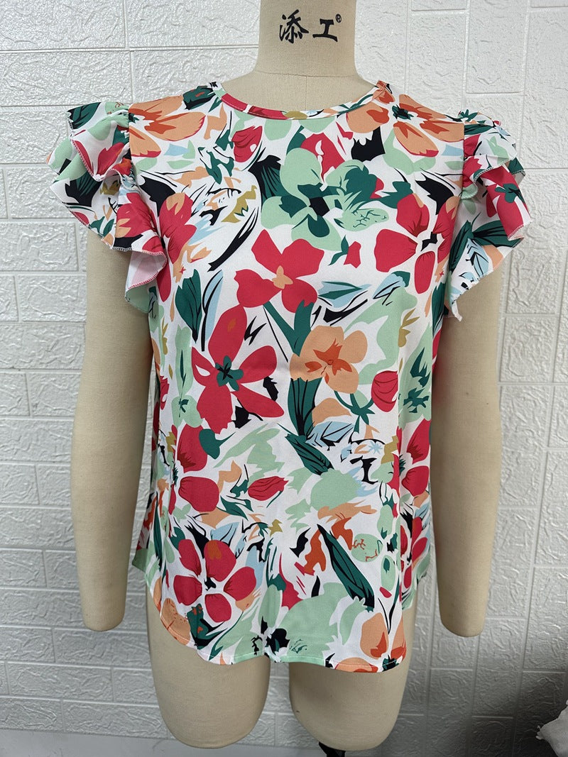 Women's Summer Floral Print Double-layer Flying Short-sleeved Blouses