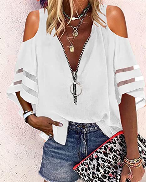 Women's Bell Sleeve Mesh Stitching Loose Casual Blouses