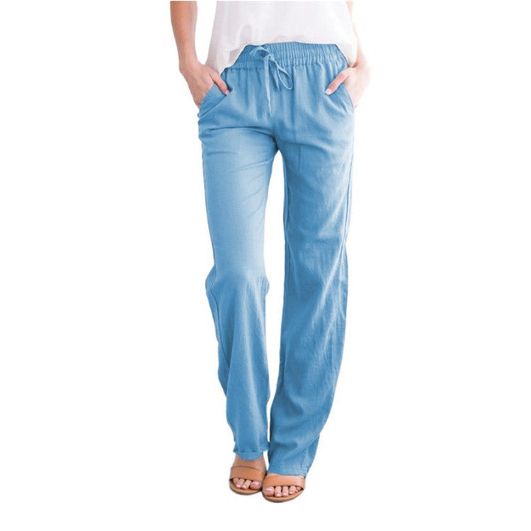 Women's Solid Color Cotton And Linen Loose Drawstring Pants