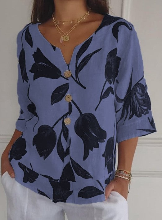 Printed Cotton Linen Short-sleeved Pullover Shirt Blouses